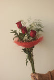 3 Red Roses in jute nest