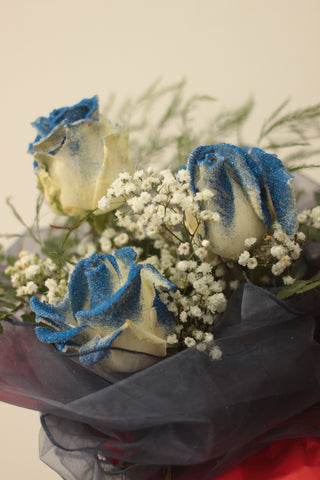 3 White Glittery Roses Bouquet  (Blue Glitter)